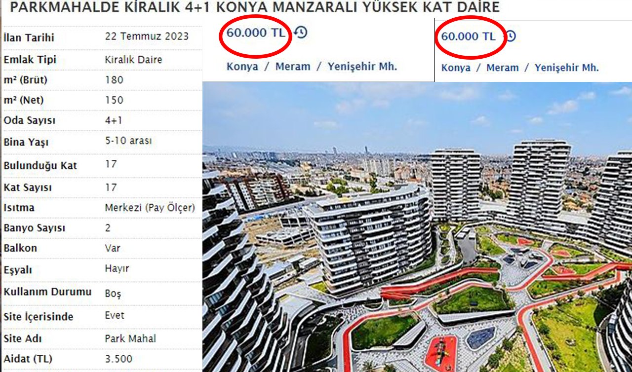  Konya’da dudak uçuklatan kira! Meram’da tam tamına 60 Bin TL