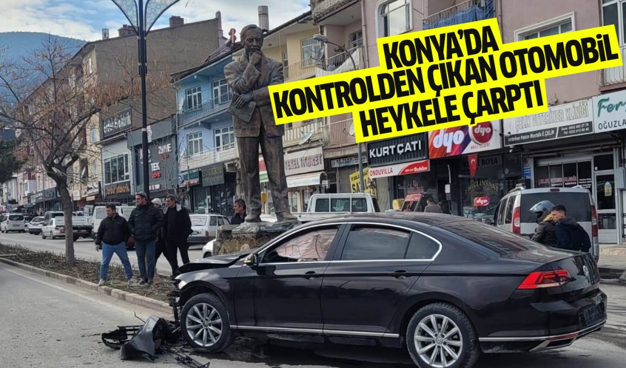 Konya’da kontrolden çıkan otomobil heykele çarptı