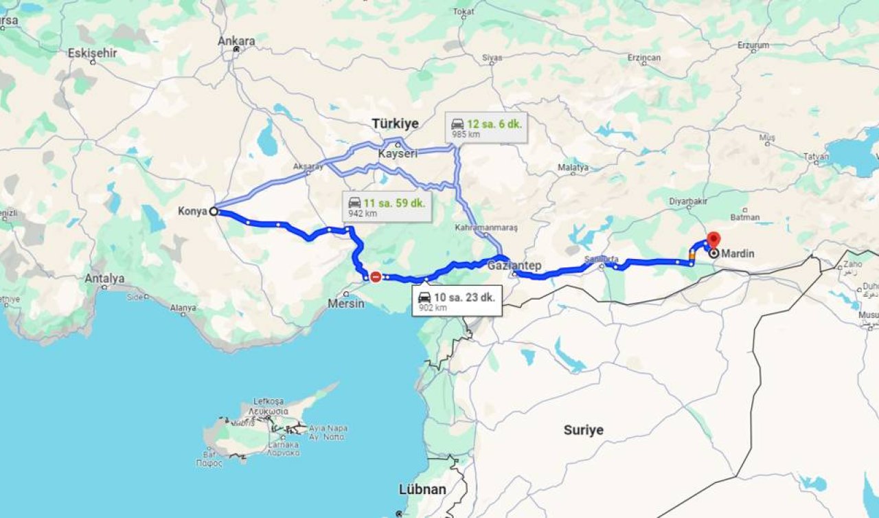 Konya ile Mardin Arası Mesafe ve Seyahat Süresi! Konya ile Mardin arası kaç KM? 